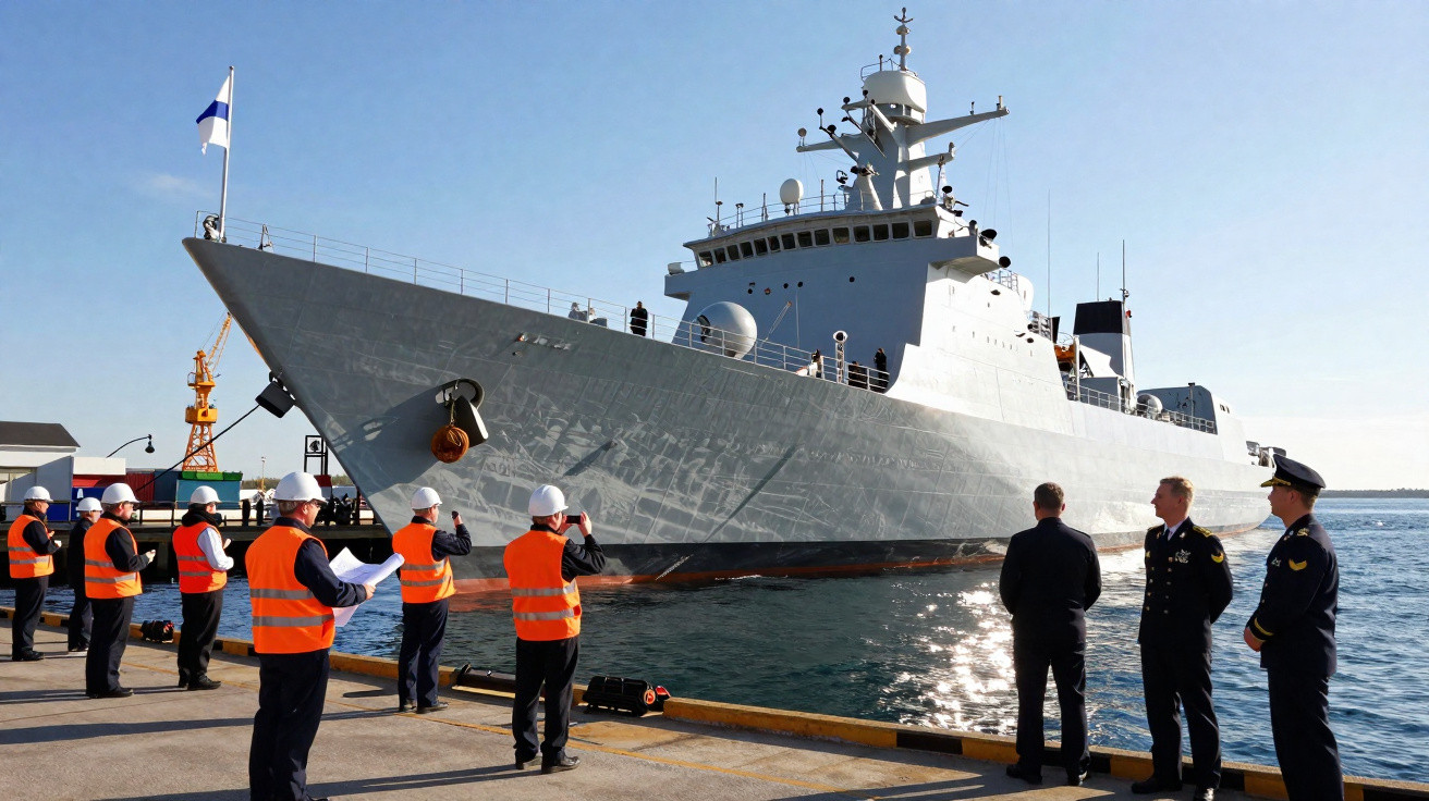 Navio de guerra cinzento atracado no porto com várias pessoas de colete laranja e capacete branco em terra.