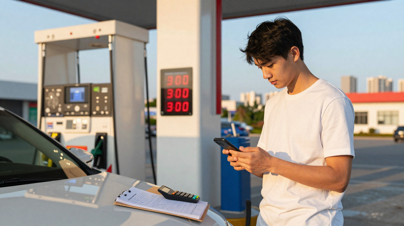 Homem jovem de camiseta branca consulta telemóvel junto a bomba de gasolina ao pôr do sol.