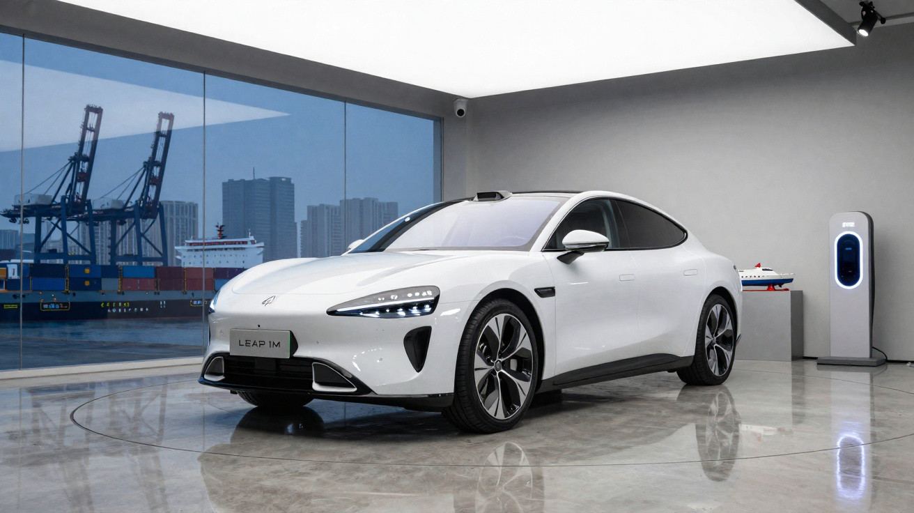 Carro elétrico branco Leap Motor LEAP IM estacionado em showroom moderno com vista para porto.
