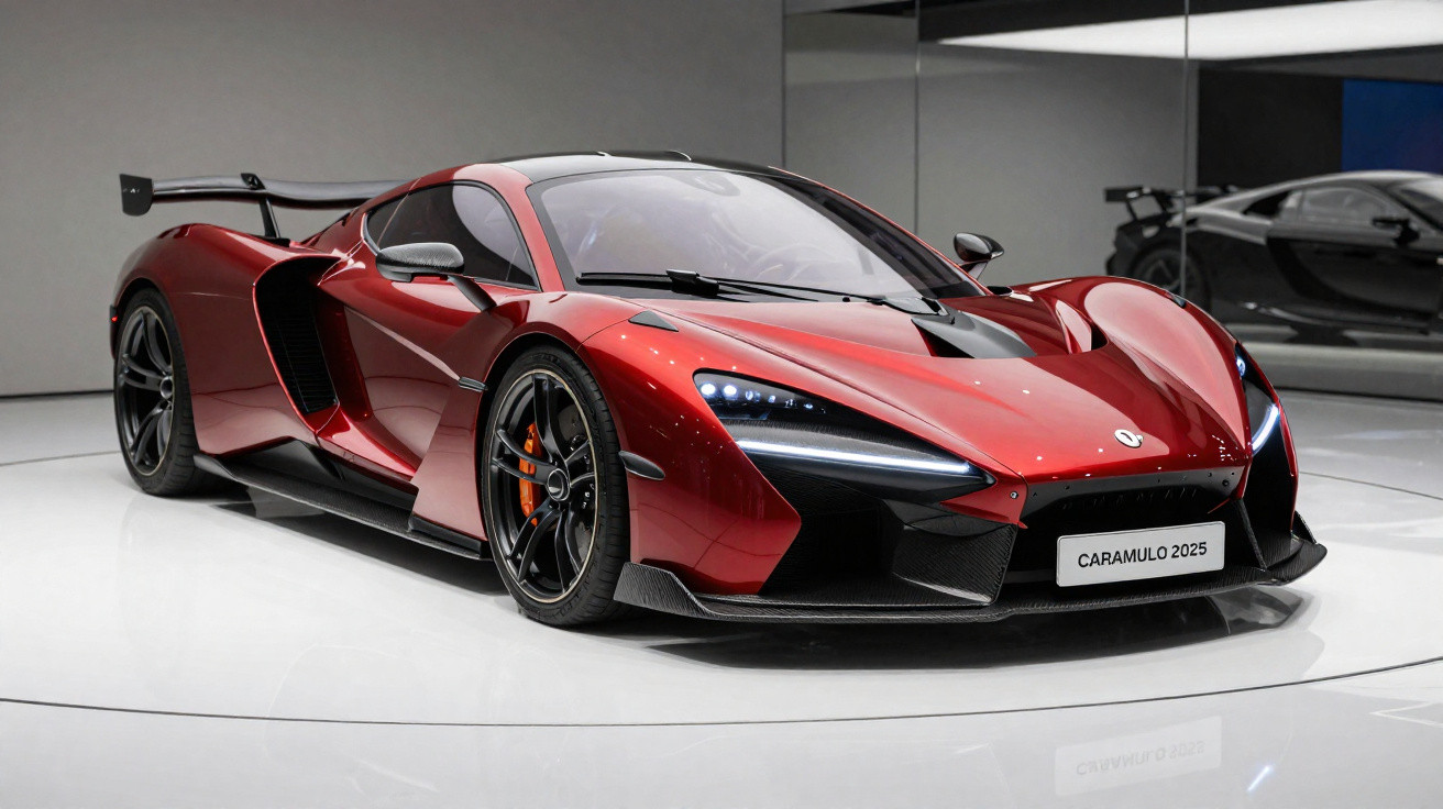 Carro desportivo vermelho brilhante com design futurista, apresentado numa plataforma branca e rodeado por espelhos.
