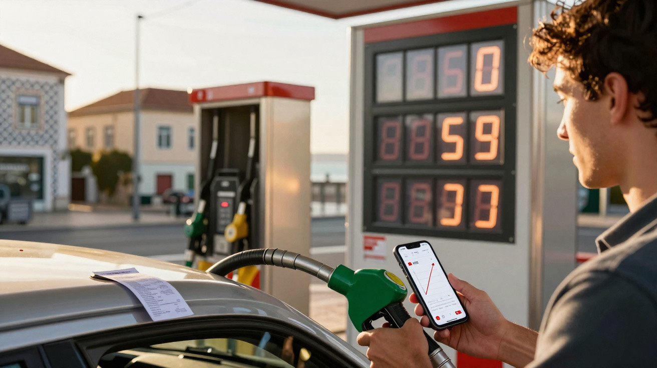 Homem abastece carro numa bomba de gasolina enquanto consulta telemóvel com preços ao fundo.