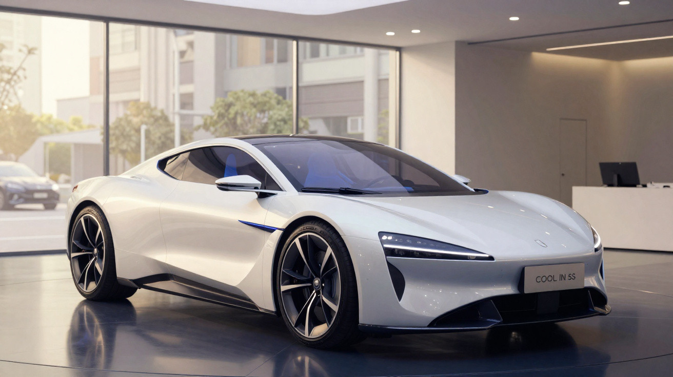 Carro desportivo eléctrico branco com design moderno exposto num showroom luminoso com grandes janelas.
