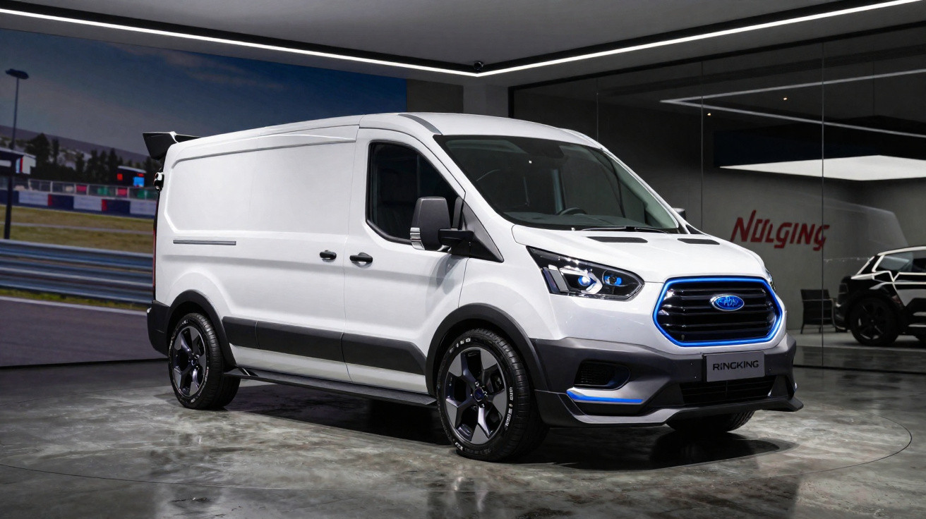 Carrinha branca elétrica Ford Ringking estacionada em espaço interior moderno com reflexos no chão.