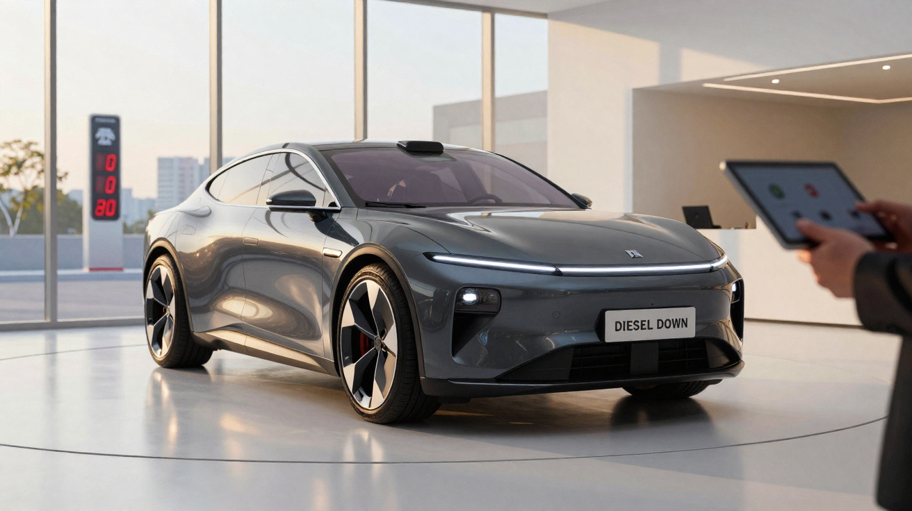 Carro desportivo elétrico cinza em exposição interior moderna com pessoas a interagir com tablet.
