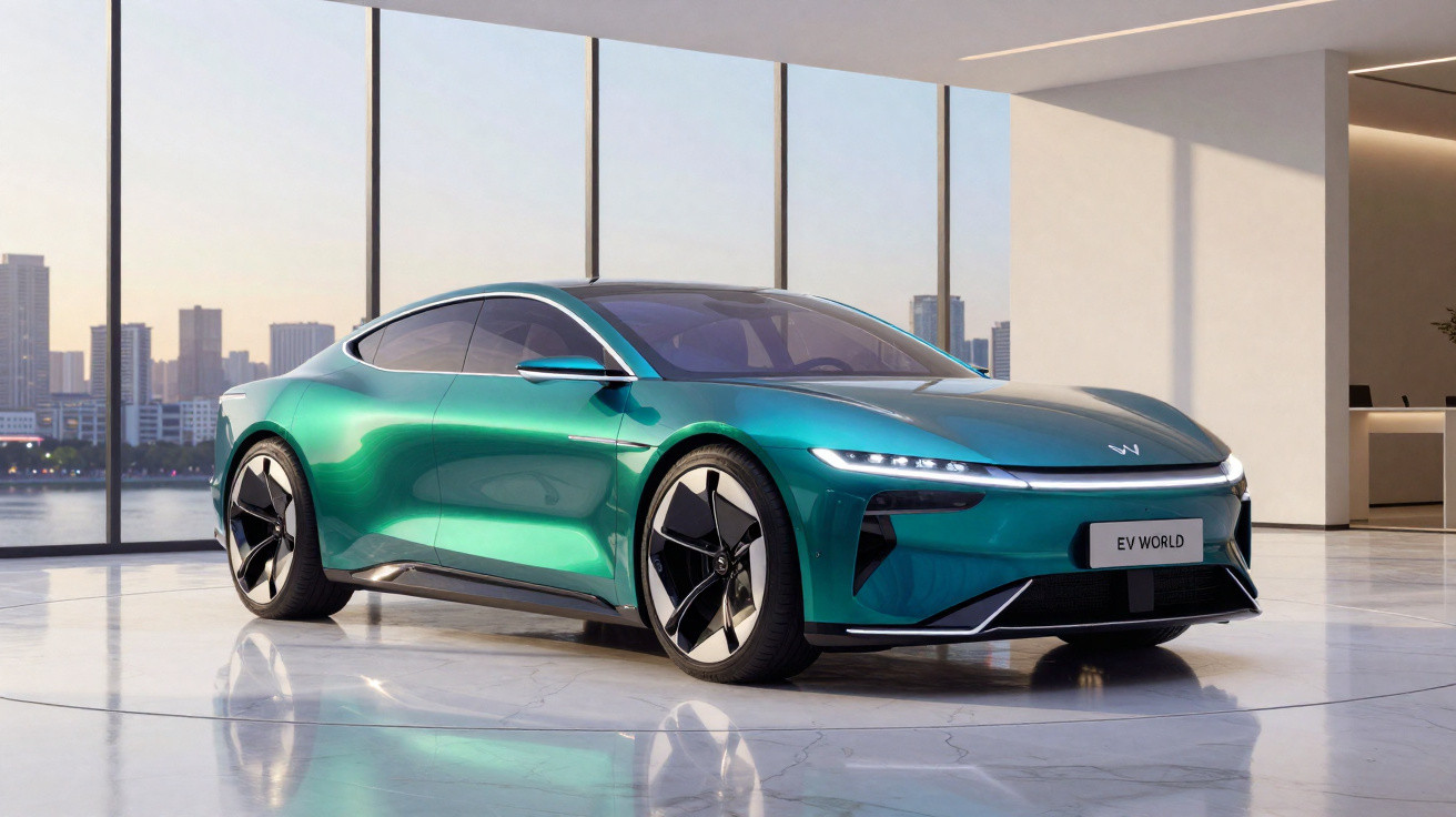 Carro elétrico desportivo verde metálico em espaço moderno com grandes janelas e vista urbana.
