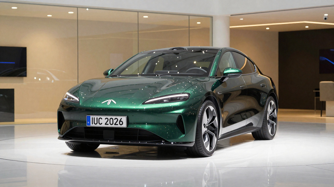Carro elétrico desportivo verde numa exposição moderna com iluminação suave e chão branco refletivo.
