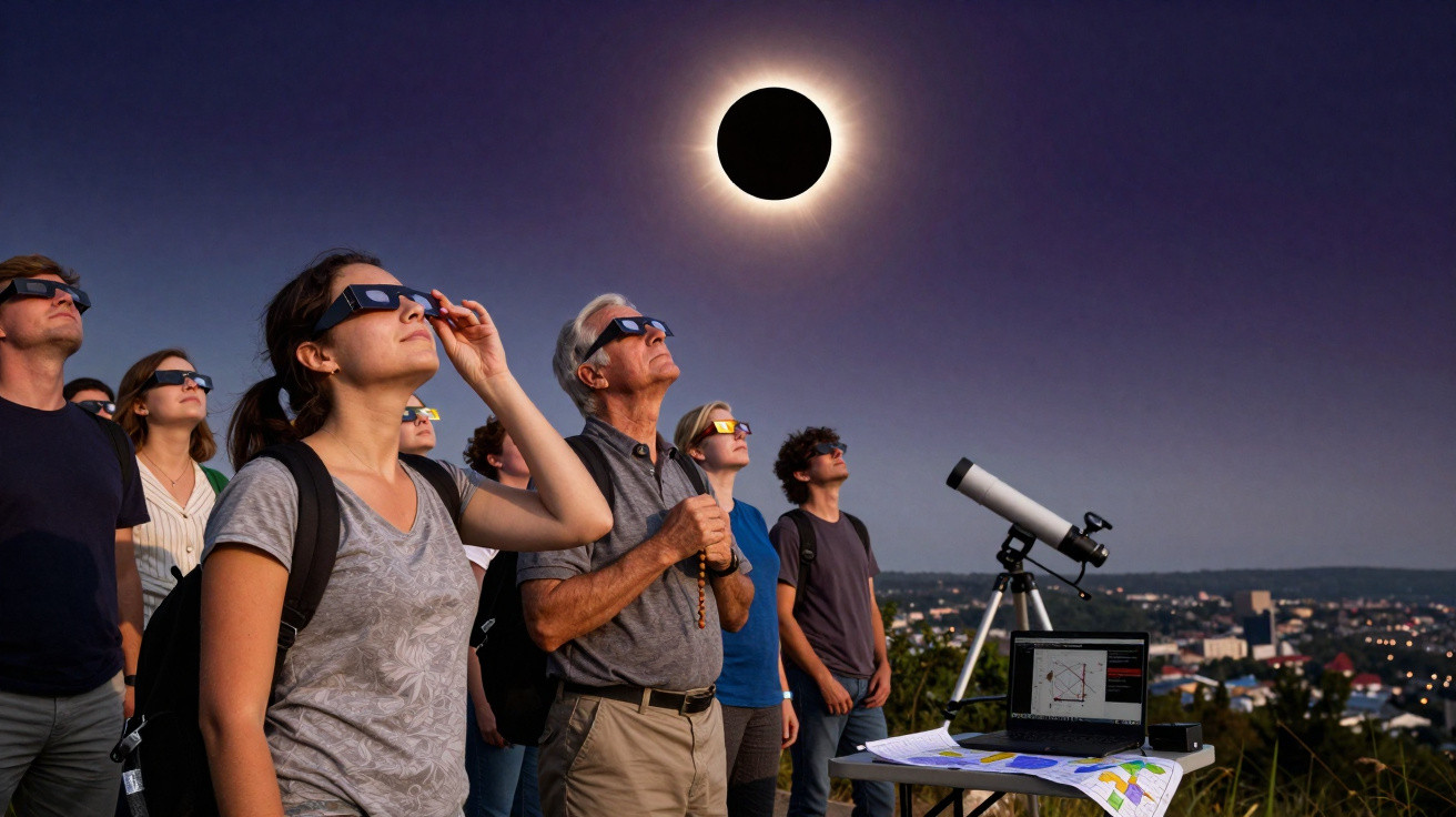 Grupo de pessoas com óculos especiais a observar eclipse solar total no céu ao entardecer.