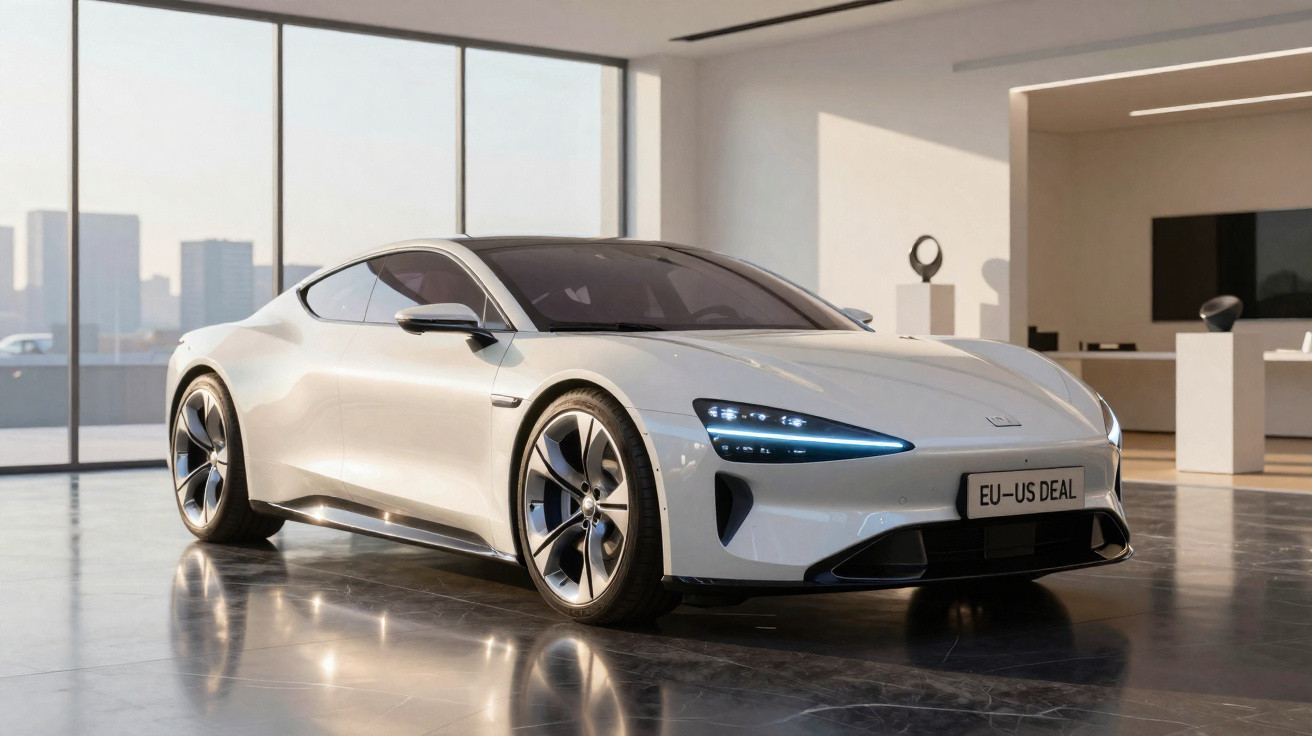 Carro elétrico desportivo branco em espaço moderno com grandes janelas e piso refletor.
