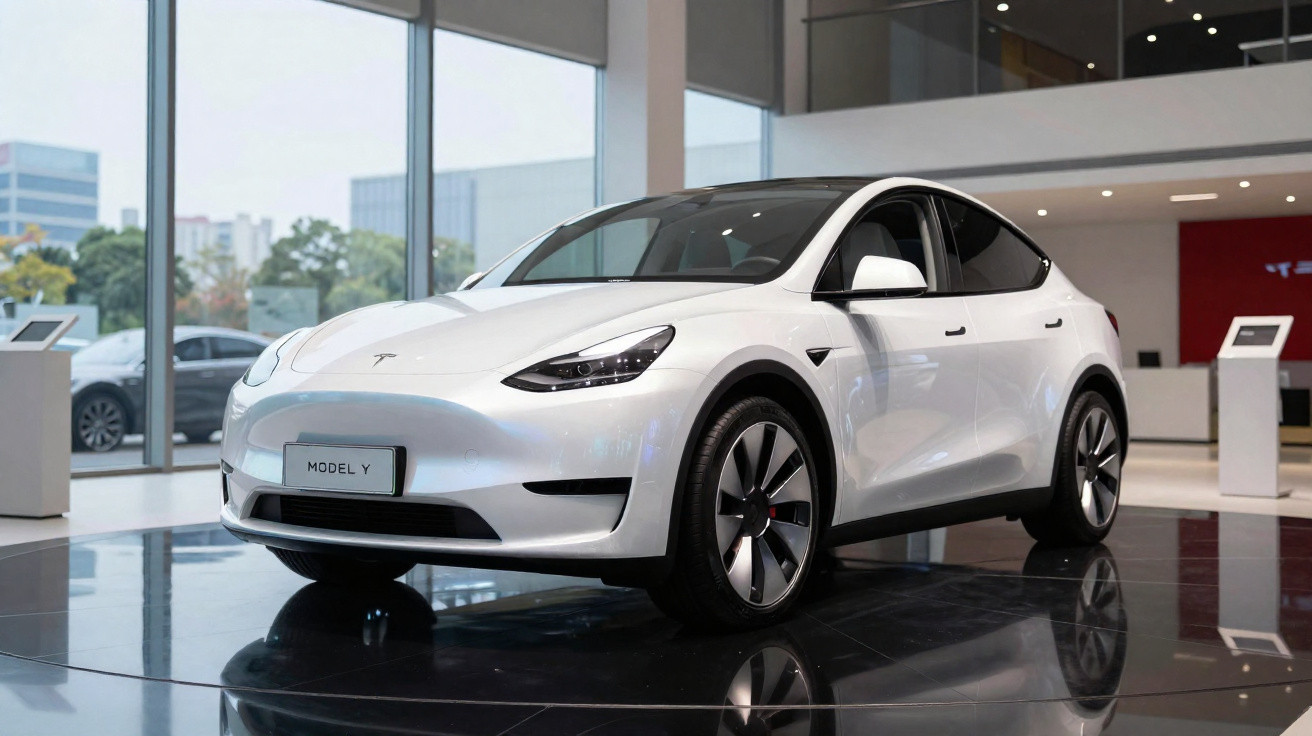 Carro elétrico Tesla Model Y branco exposto numa sala de showroom moderna com grandes janelas.
