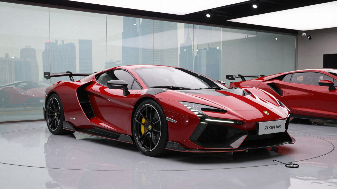Carro desportivo vermelho modelo ZIXIN V8 exposto em sala moderna com vidros panorâmicos.
