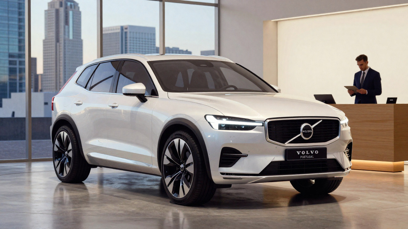 Carro Volvo branco exposto num salão moderno com janelas grandes e homem ao balcão ao fundo.