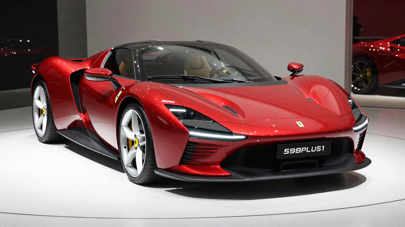 Carro desportivo Ferrari vermelho modelo 598PLUS1 em exposição com design aerodinâmico moderno.