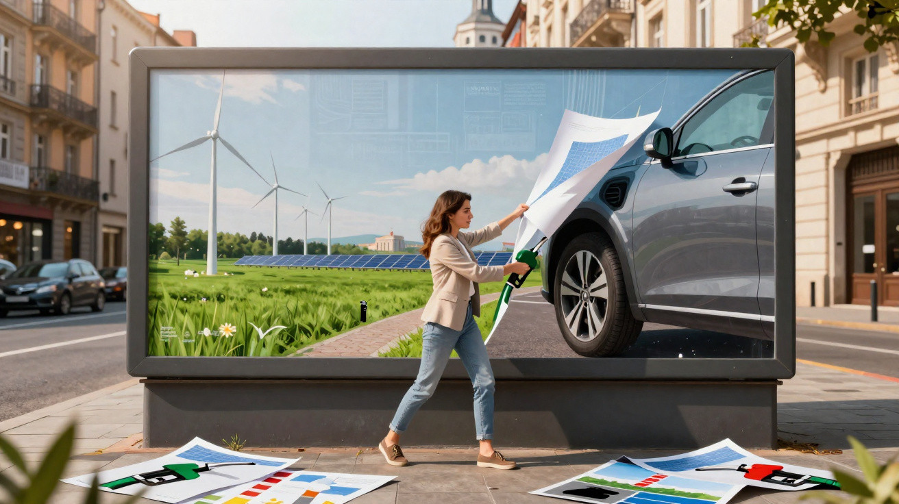 Mulher a interagir com uma imagem 3D que mostra carregamento de carro elétrico junto a turbinas e painéis solares numa cidade