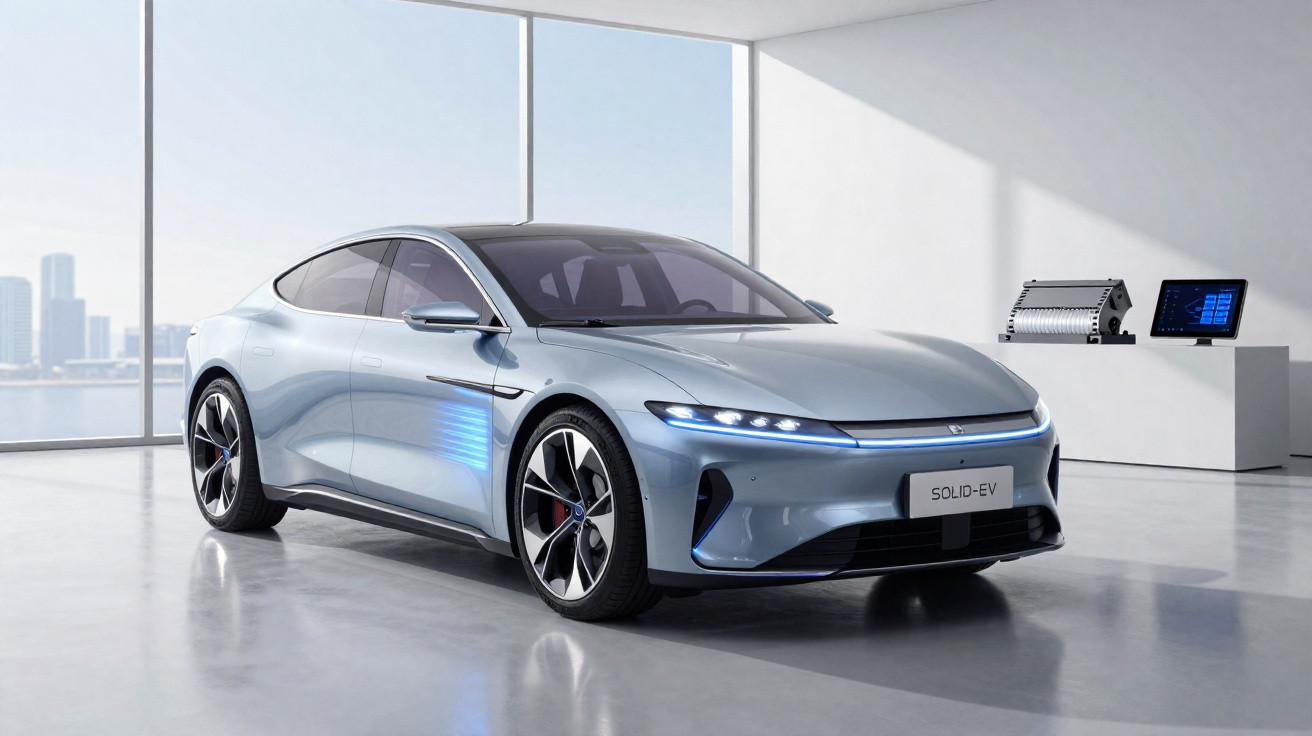 Carro elétrico de design futurista cinzento, exibido numa sala ampla com janelas panorâmicas.