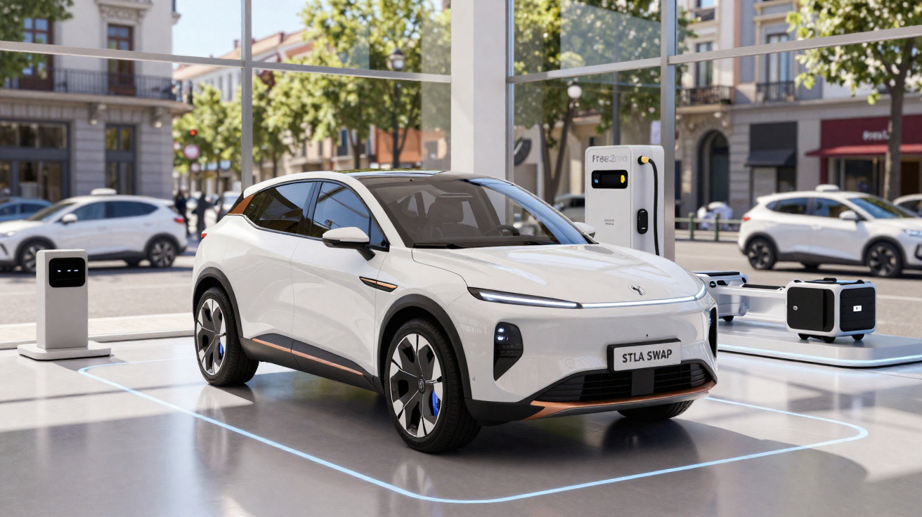 Carro elétrico branco estacionado numa loja moderna com pontos de carregamento e baterias intercambiáveis à volta.