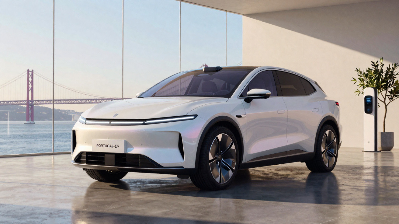 Carro elétrico branco estacionado em garagem moderna com vista para ponte suspensa e posto de carregamento.