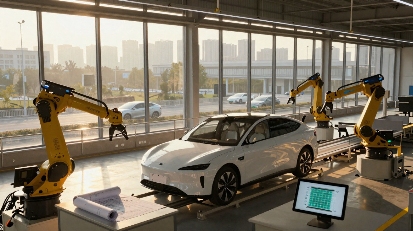 Carro elétrico branco em linha de produção automatizada com braços robóticos amarelos numa fábrica moderna.