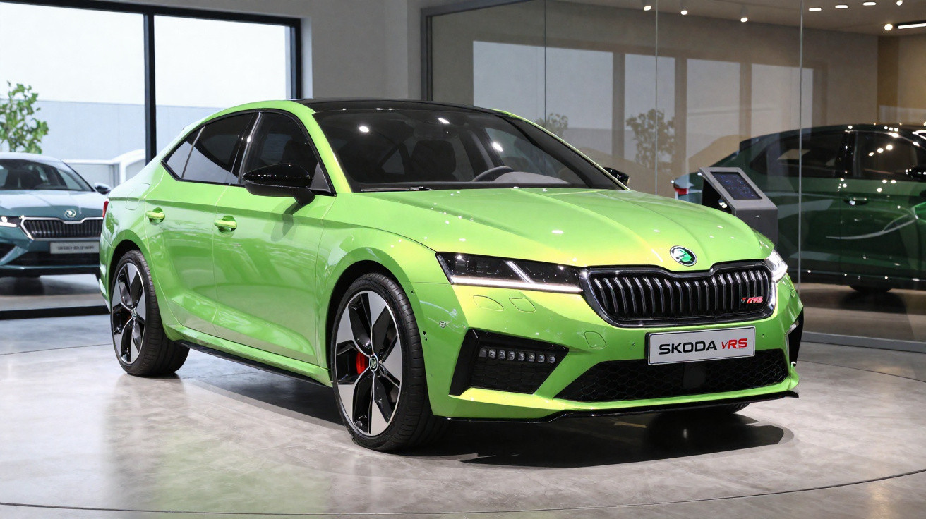 Automóvel Skoda RS verde fosco exposto numa sala de showroom moderna com janelas amplas.