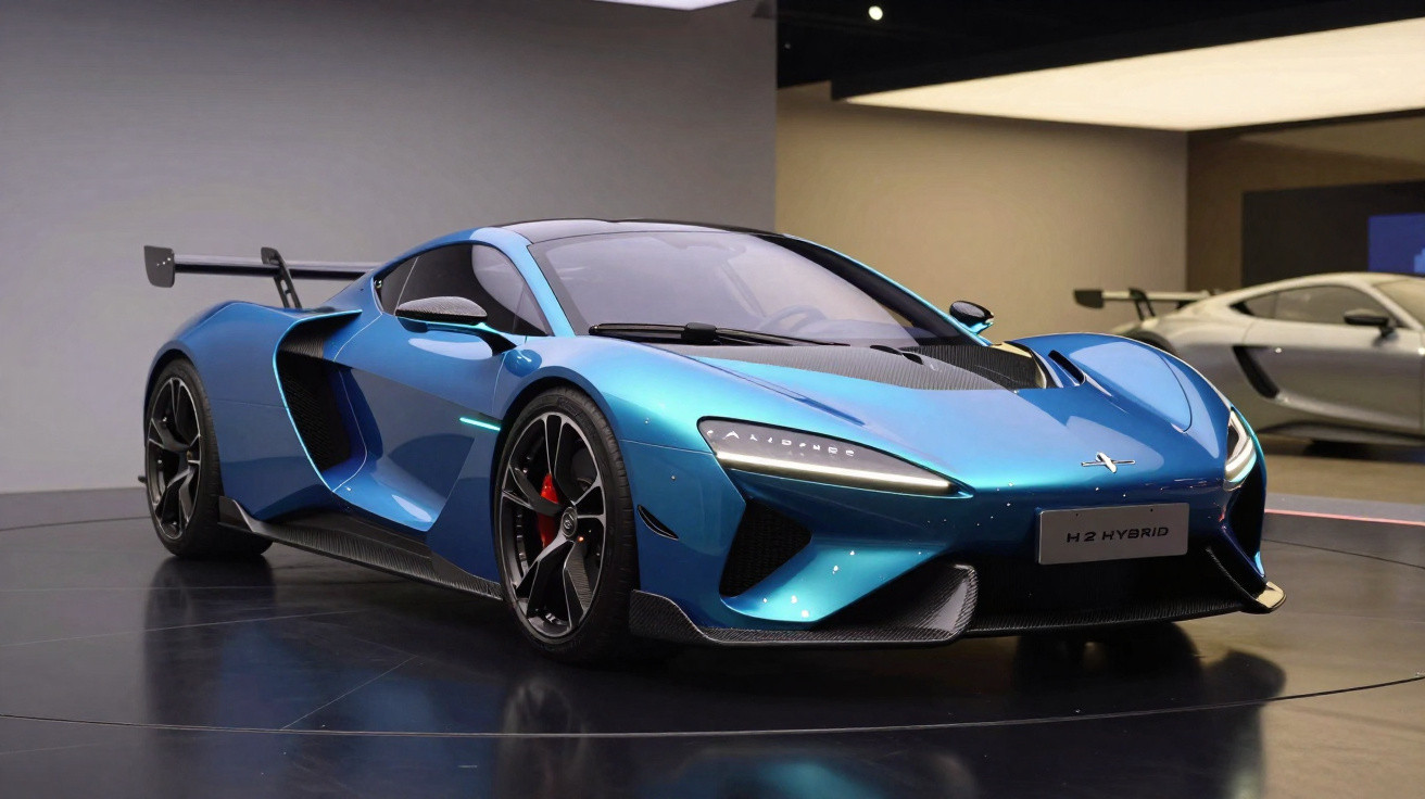 Automóvel desportivo híbrido azul metálico num salão automóvel com iluminação moderna.