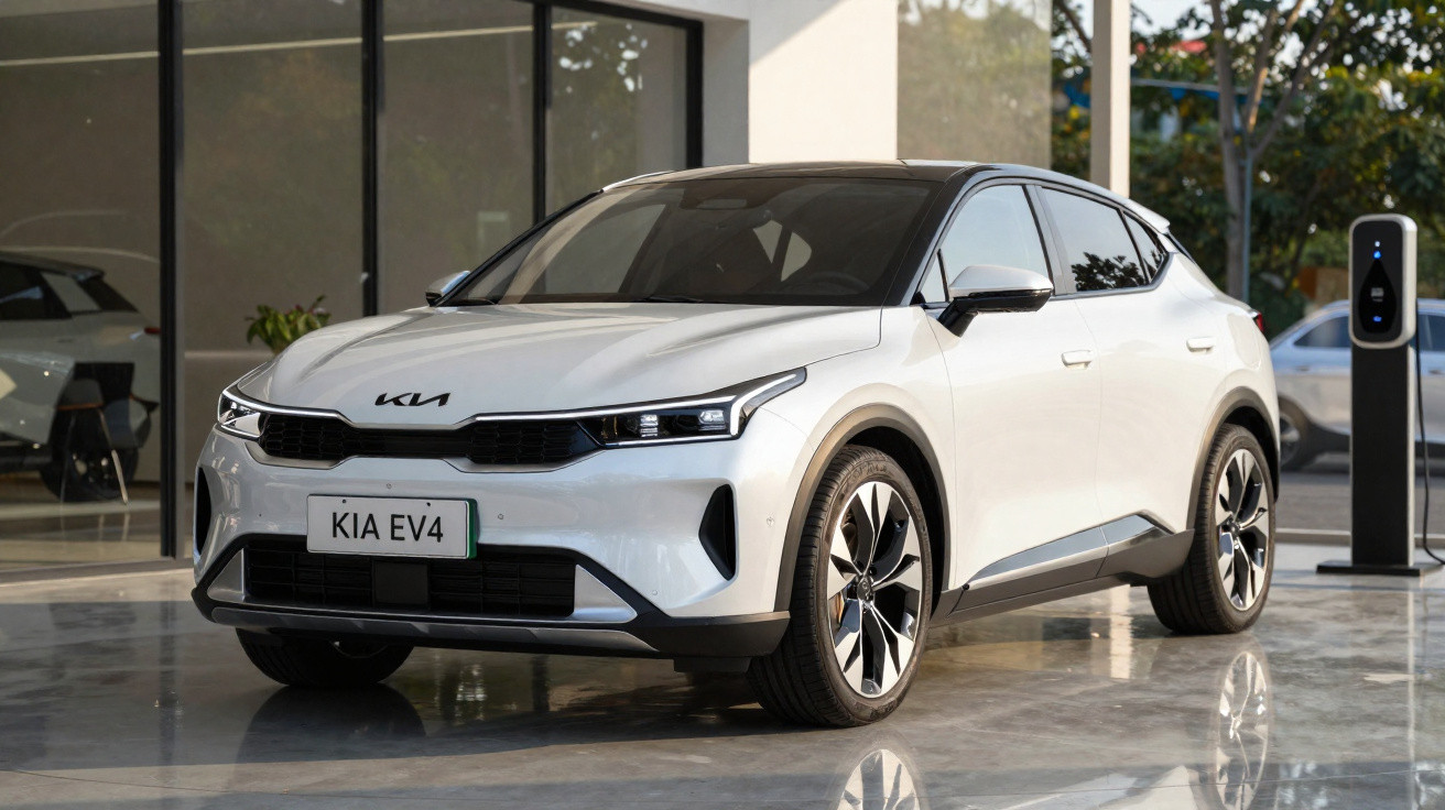 Carro elétrico Kia EV4 prateado estacionado em ambiente interior moderno com posto de carregamento elétrico.