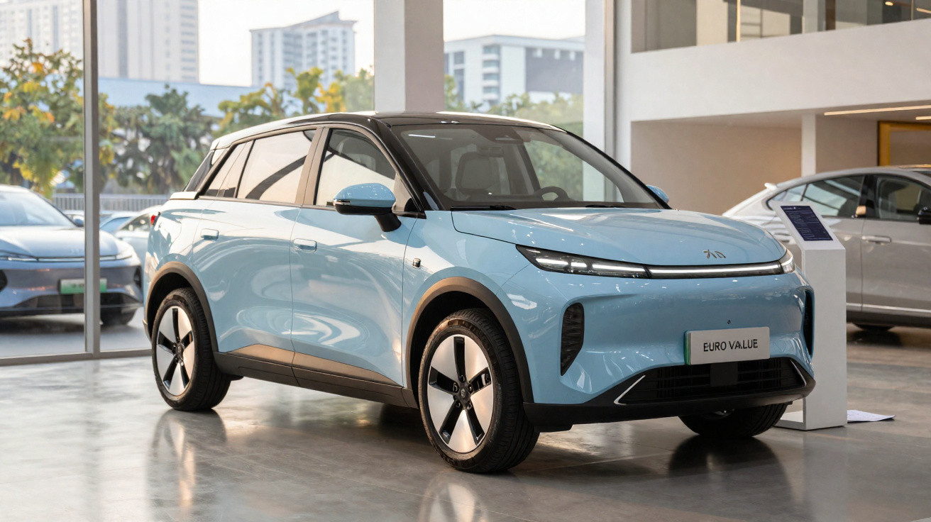 Carro elétrico azul estacionado em showroom moderno com janelas amplas e carros ao fundo.