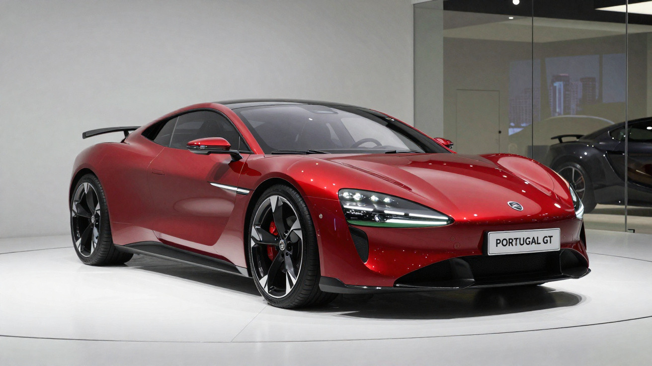 Carro desportivo vermelho Portugal GT estacionado num espaço interior moderno.