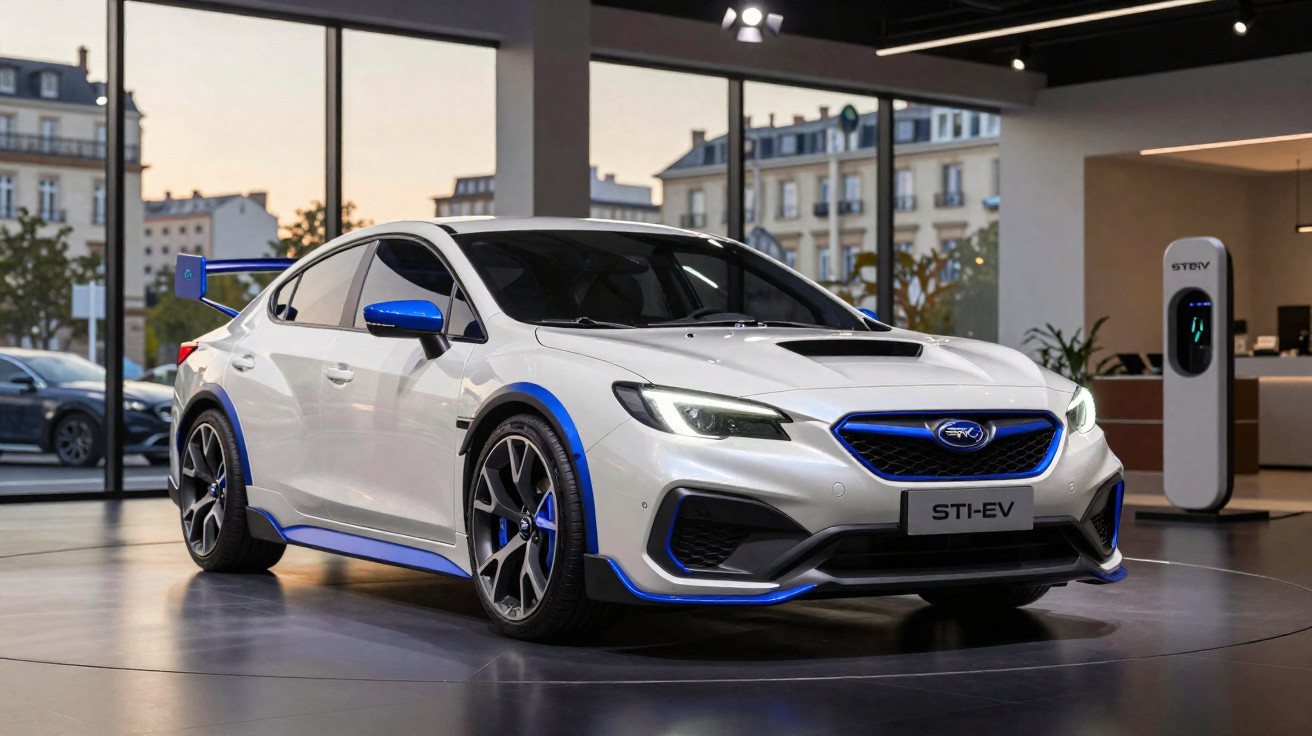 Carro desportivo branco Subaru STI-EV com detalhes azuis exposto em salão moderno com estação de carregamento.