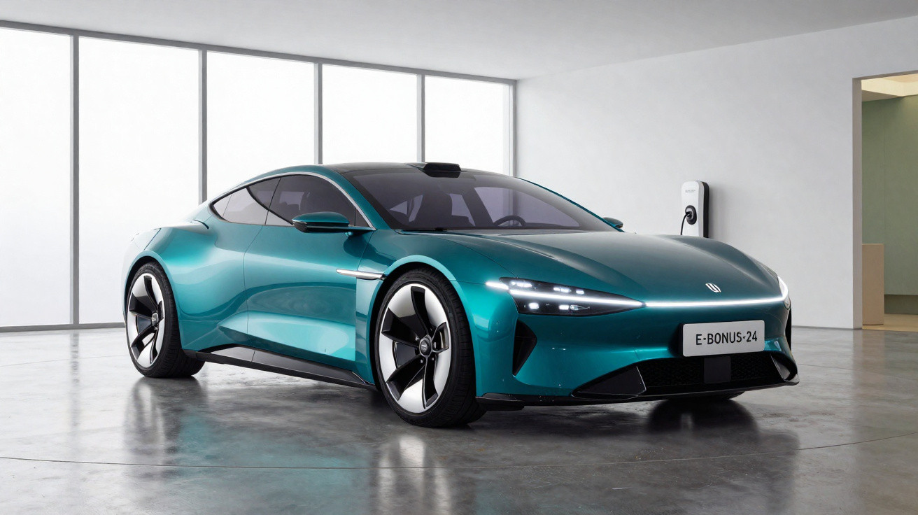 Carro elétrico desportivo azul metálico estacionado em garagem moderna com carregador na parede.