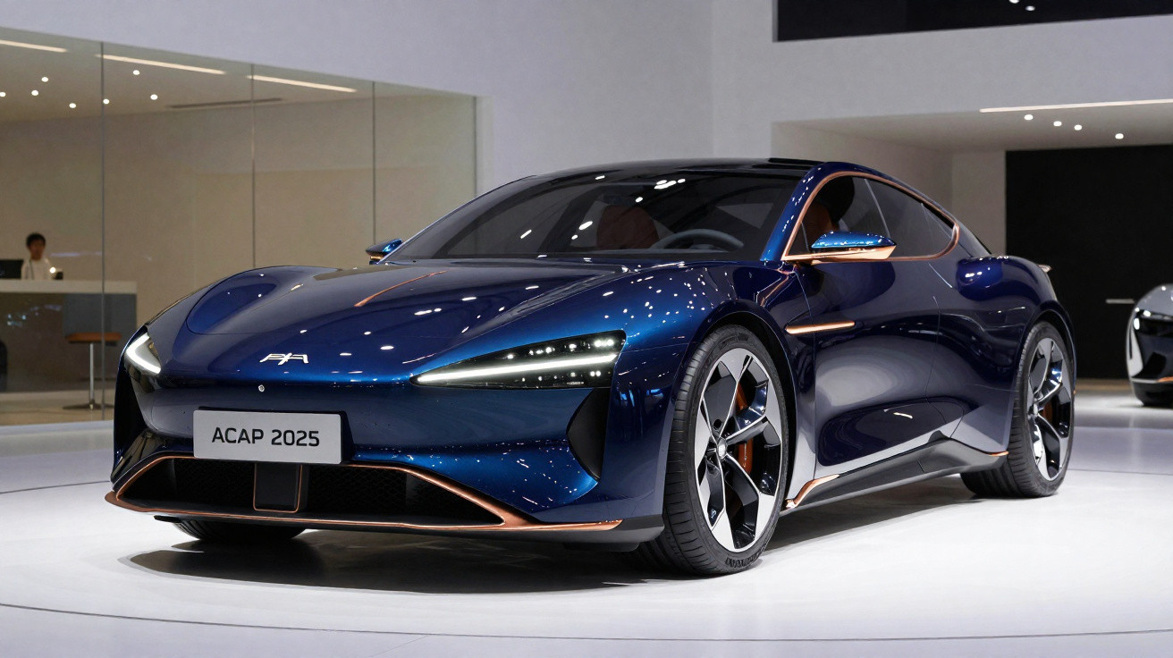 Carro desportivo eléctrico azul metálico com detalhes em cobre em exposição num salão automóvel.