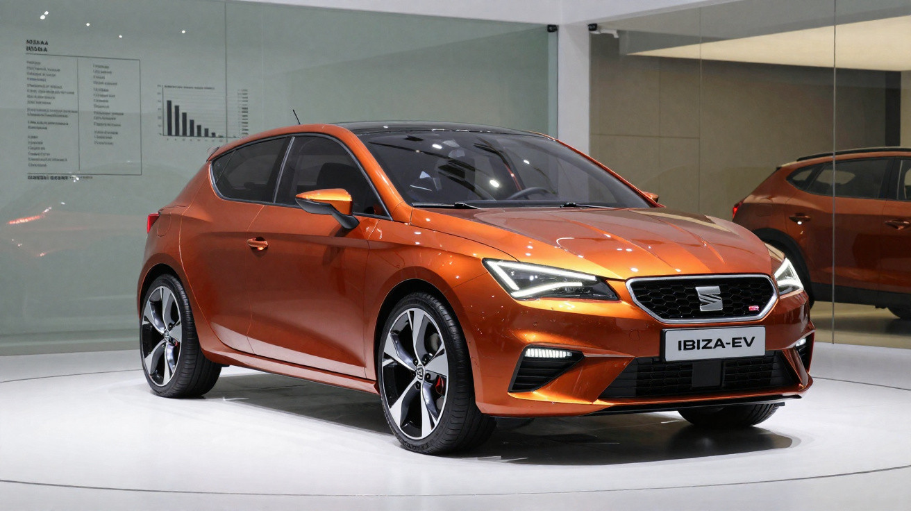 Carro elétrico SEAT Ibiza EV laranja exibido num salão automóvel moderno com iluminação interior.
