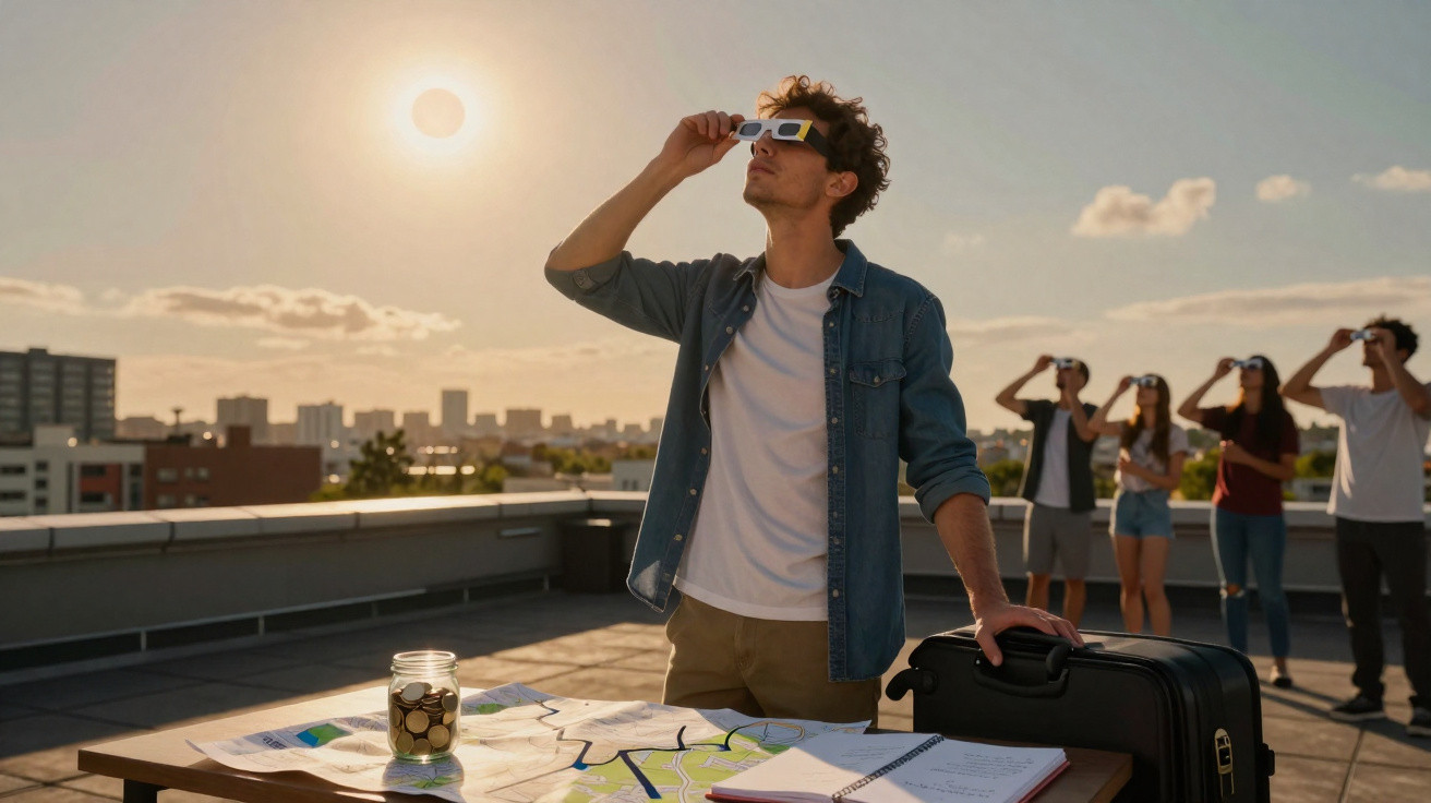 Grupo de pessoas num terraço a observar eclipse solar com óculos especiais ao pôr do sol.