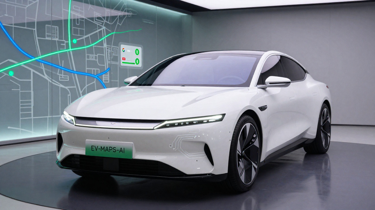 Carro elétrico branco futurista com luzes LED finas em exposição numa sala com ecrã de mapas no fundo.