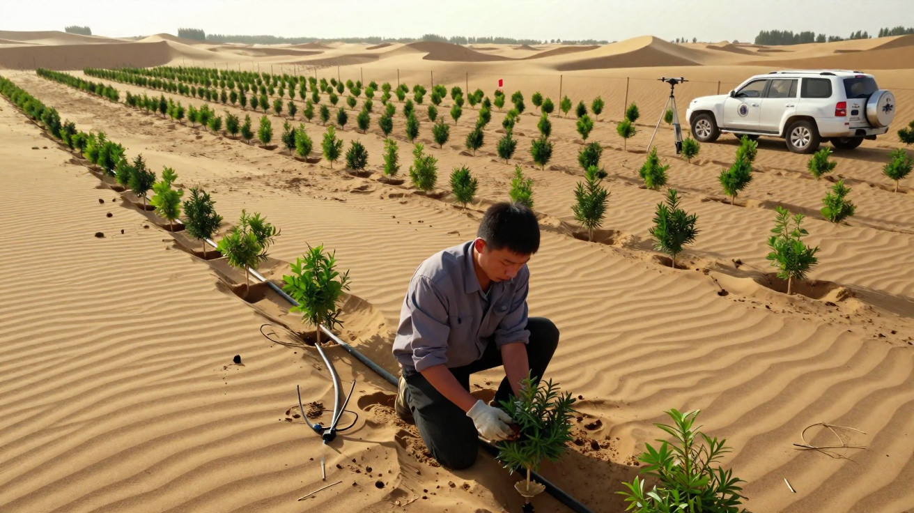 Homem planta árvores em linhas no deserto com sistema de irrigação e veículo branco ao fundo.