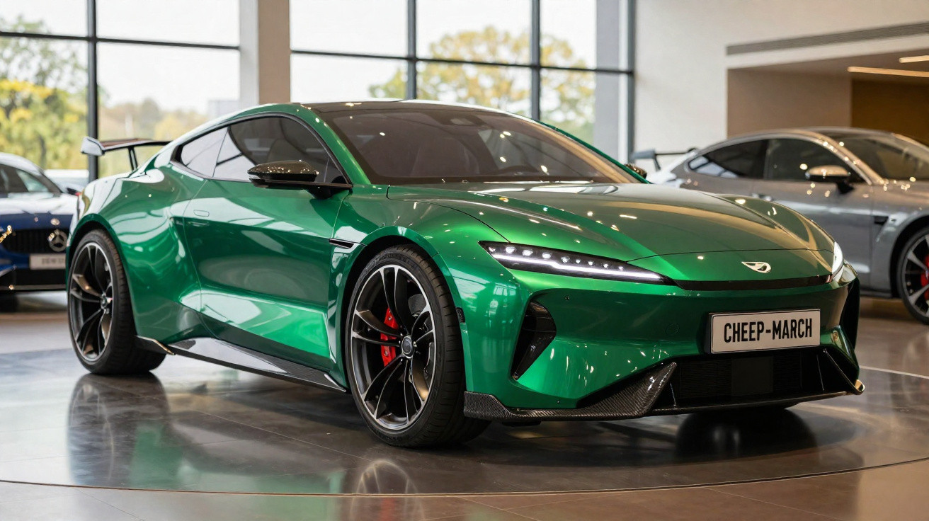 Carro desportivo verde metálico com design aerodinâmico exposto em showroom moderno.