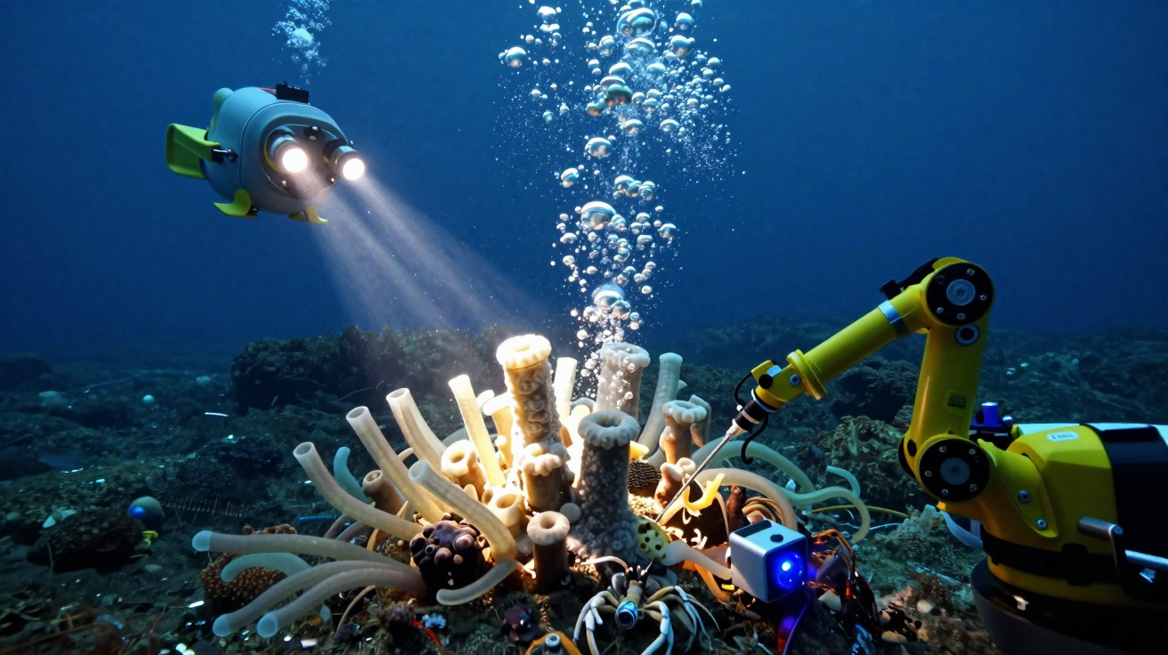 Robôs subaquáticos a investigar e iluminar corais no fundo do oceano com bolhas a ascender.