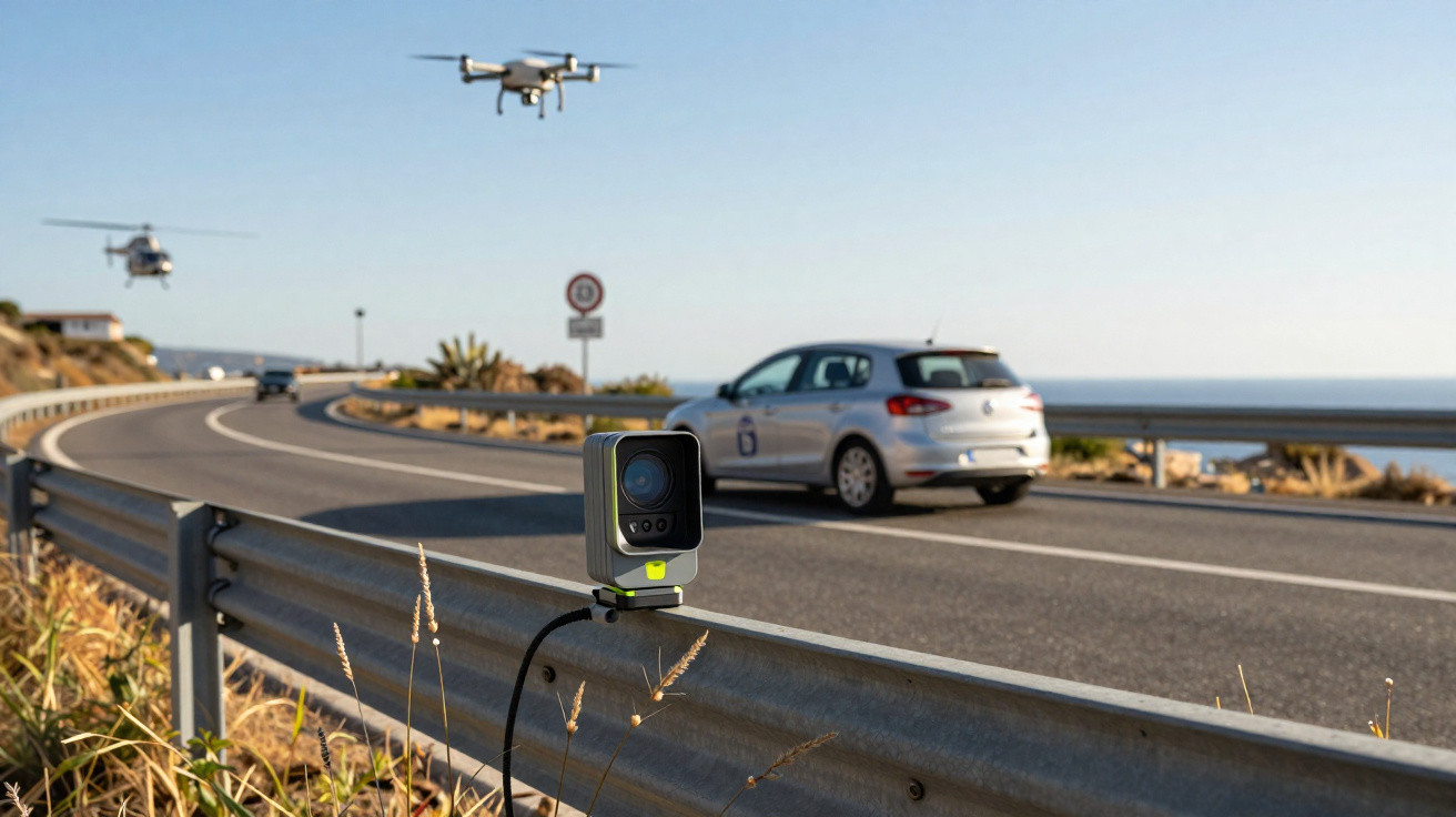 Câmara de fiscalização junto a estrada com carros e drones a monitorizar o tráfego no local.
