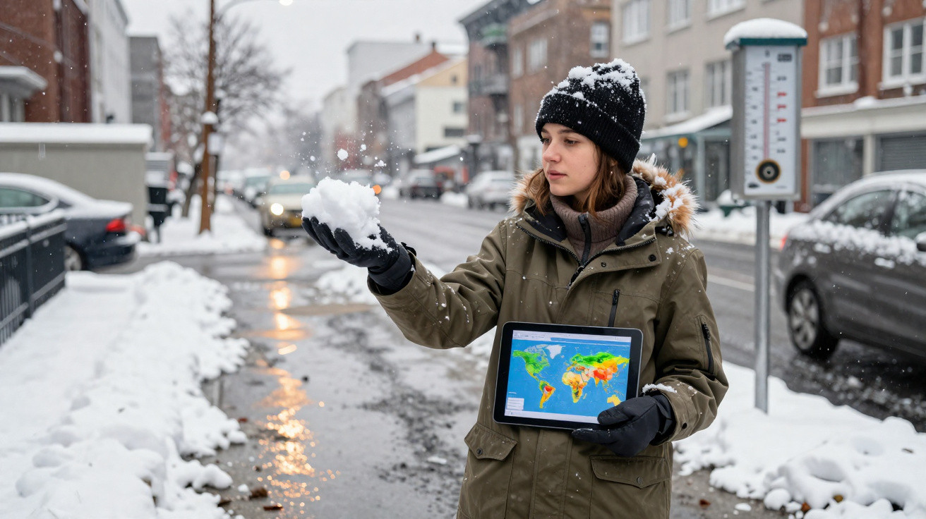 Jovem com roupa de inverno segura tablet com mapa climático enquanto observa uma bola de neve na rua nevada.