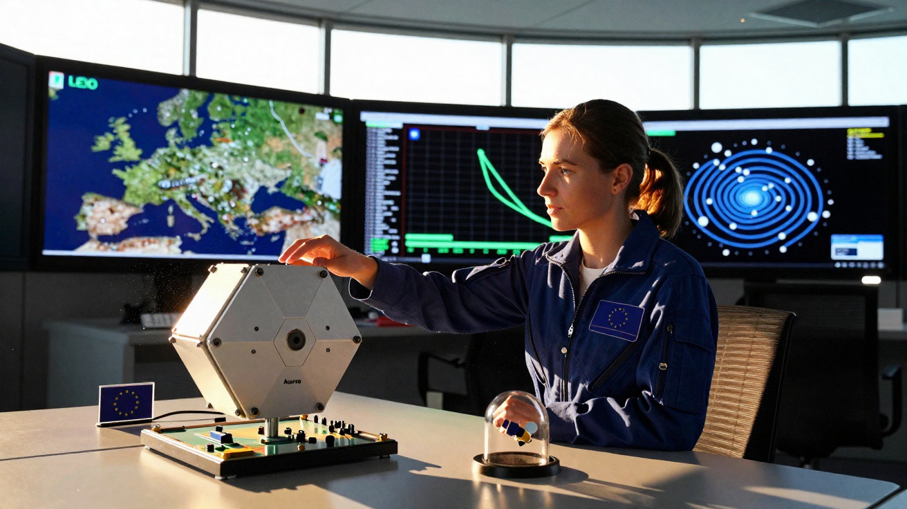 Mulher em farda azul operando equipamento tecnológico numa sala com grandes ecrãs de mapas e dados espaciais.