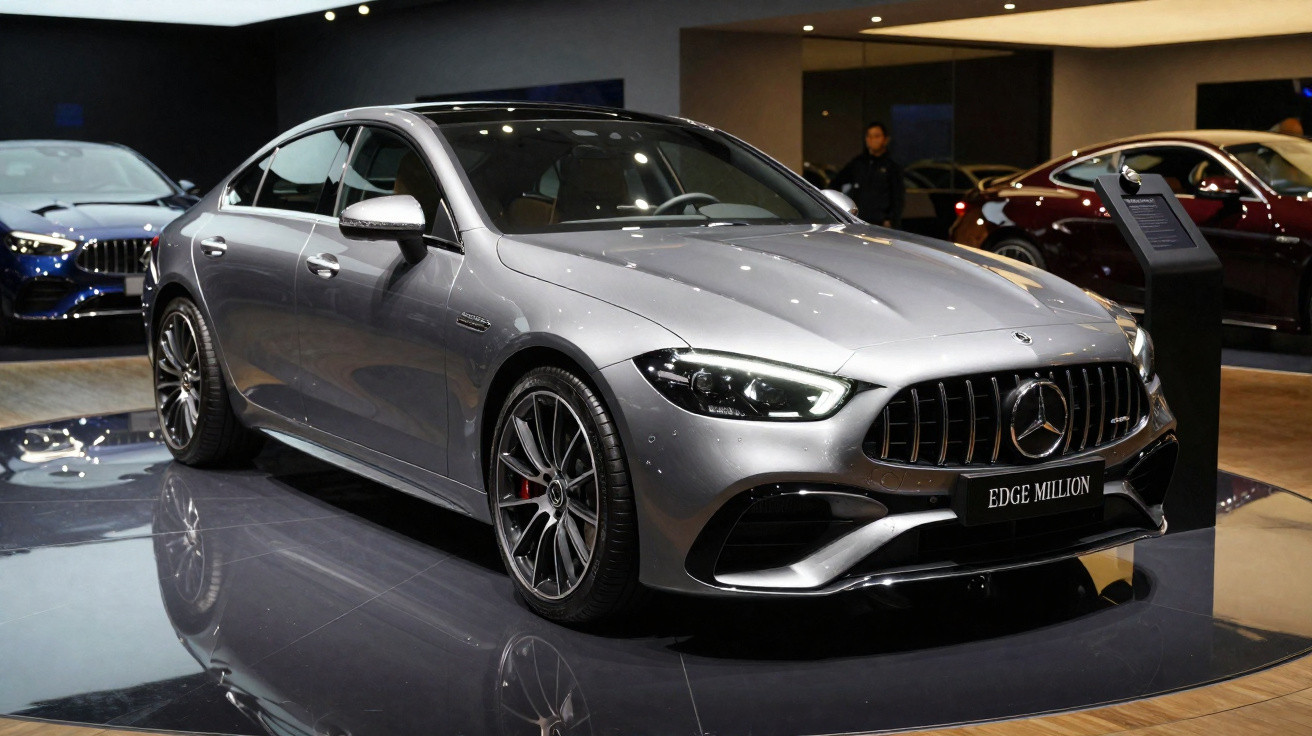 Carro desportivo de luxo Mercedes-Benz cinzento prateado exposto em salão automóvel interior.