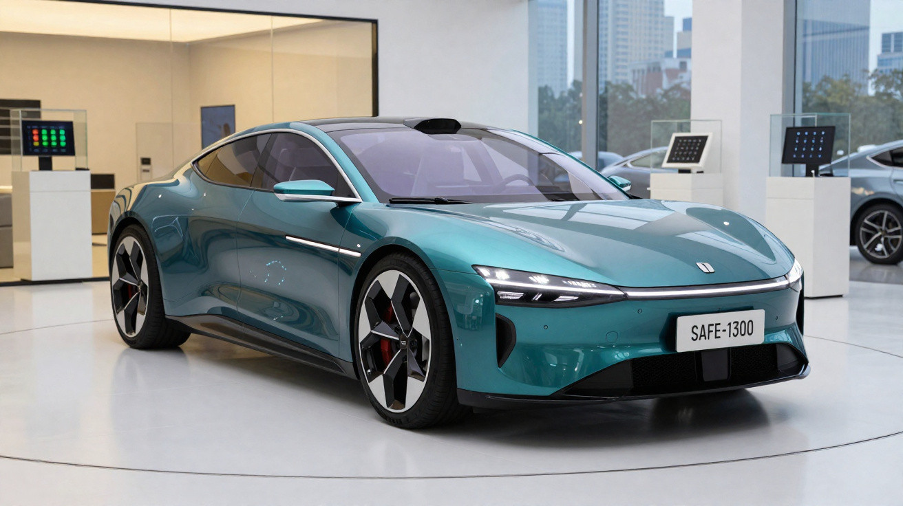 Carro desportivo elétrico azul metálico com design futurista exposto em showroom moderno.