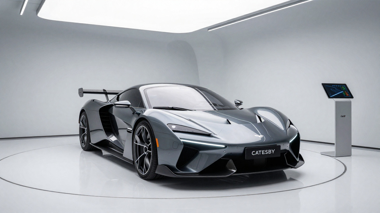Carro desportivo cinza escuro com design aerodinâmico exposto numa sala branca minimalista.
