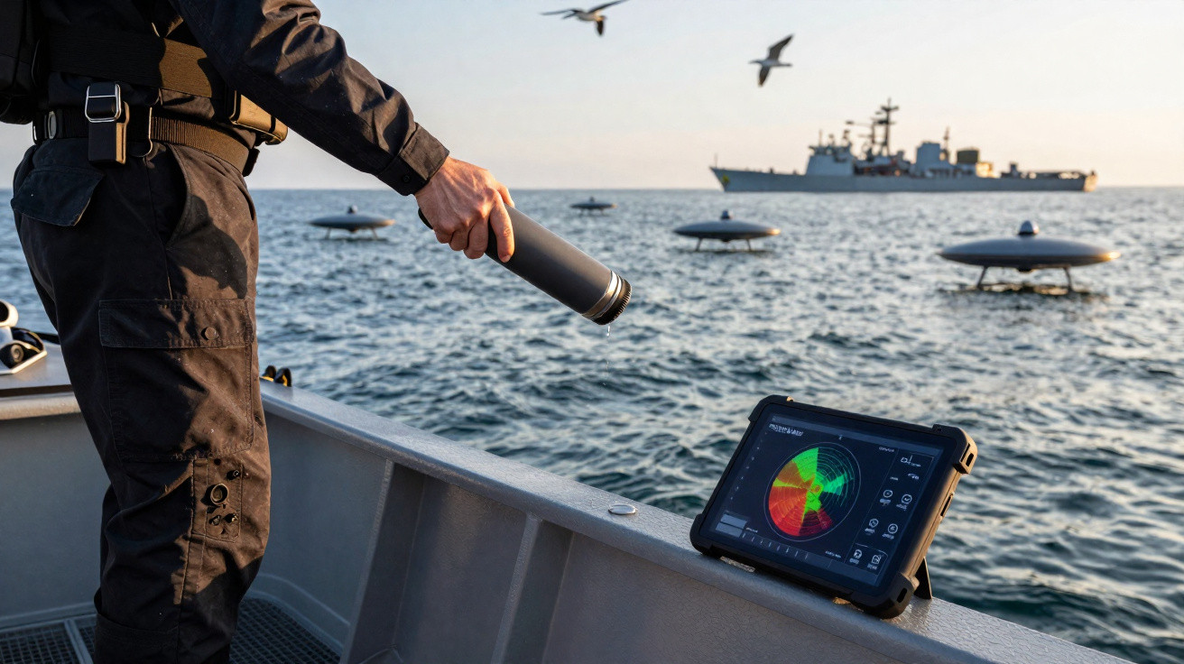 Pessoa num barco a manusear dispositivo tecnológico com balizas flutuantes e navio militar ao fundo no mar.