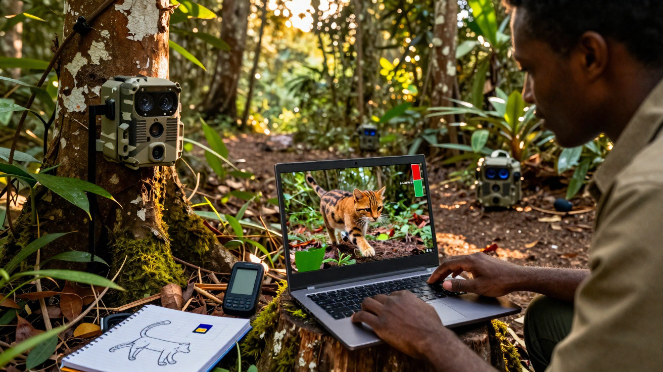 Homem a analisar imagem de gato selvagem no portátil, em floresta com câmeras de vigilância instaladas nas árvores.