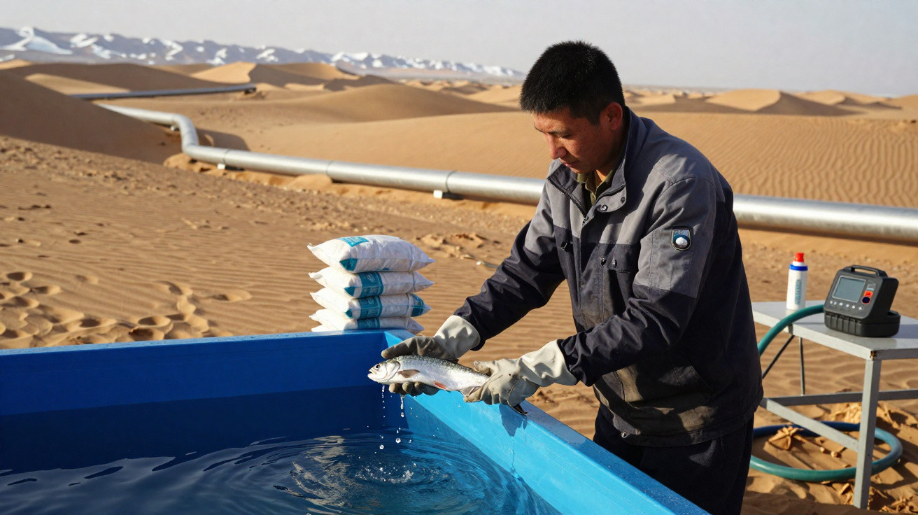 Homem segura peixe sobre tanque azul num cenário de deserto com equipamento de aquicultura.