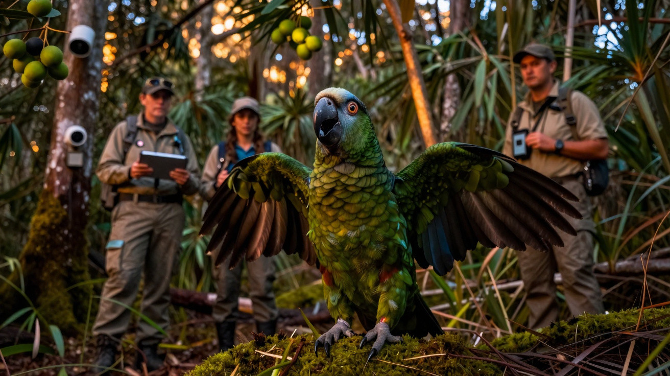 Papagaio verde com asas abertas em floresta, com três investigadores ao fundo a observar e anotar dados.