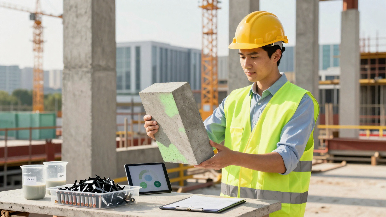 Engenheiro de segurança inspeciona bloco de construção num estaleiro com capacete e colete refletor amarelo.