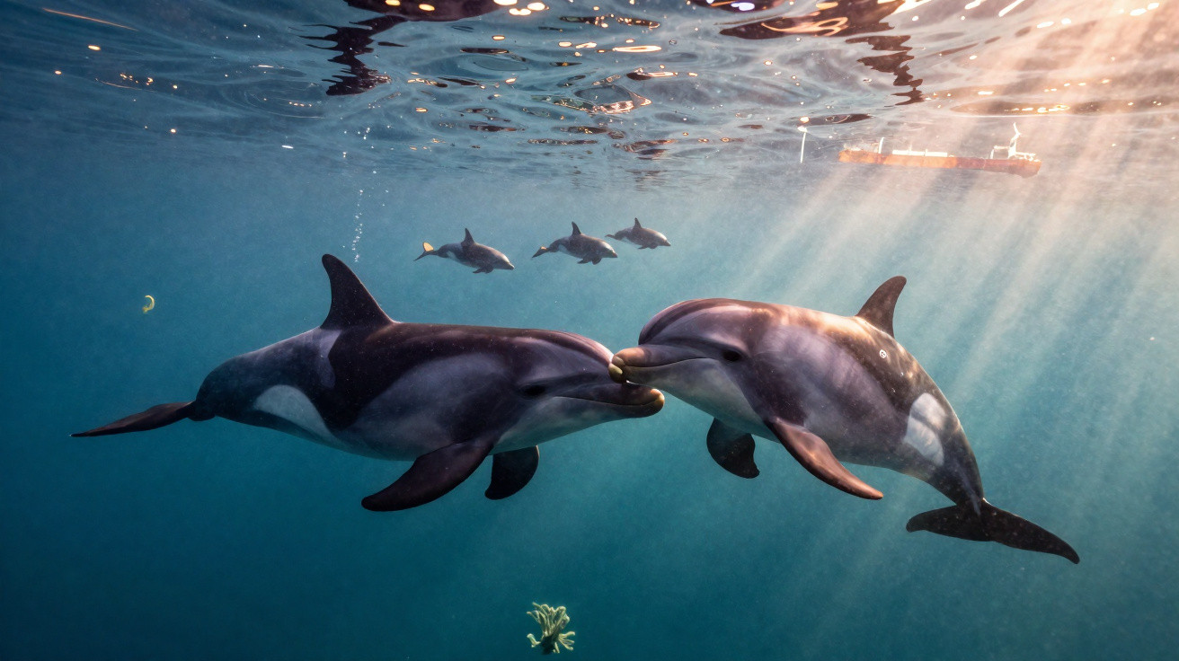 Dois golfinhos a tocar-se com o focinho debaixo de água, com outros golfinhos e um barco ao fundo.