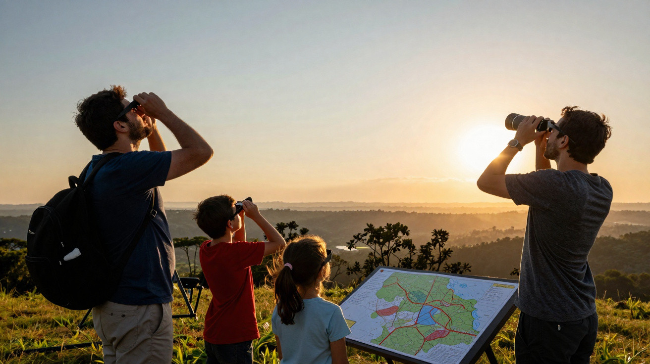 Grupo de quatro pessoas observa a paisagem ao pôr do sol com binóculos numa área verde com mapa.