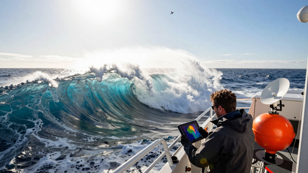 Homem num barco com tablet a observar uma grande onda no mar agitado num dia ensolarado.