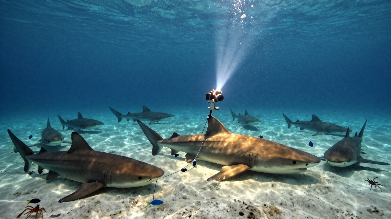 Várias tubarões nadam junto ao fundo do mar, um deles equipado com uma câmara a emitir luz subaquática.